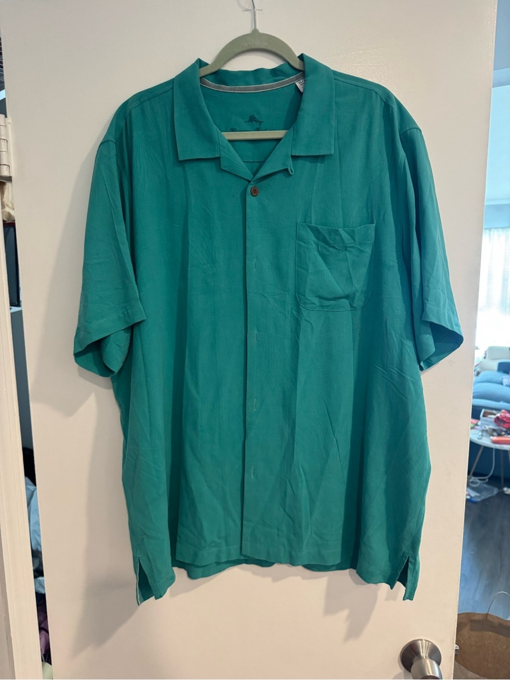 Tommy Bahama Teal Short Sleeve Camp Shirt- XL, 100% silk